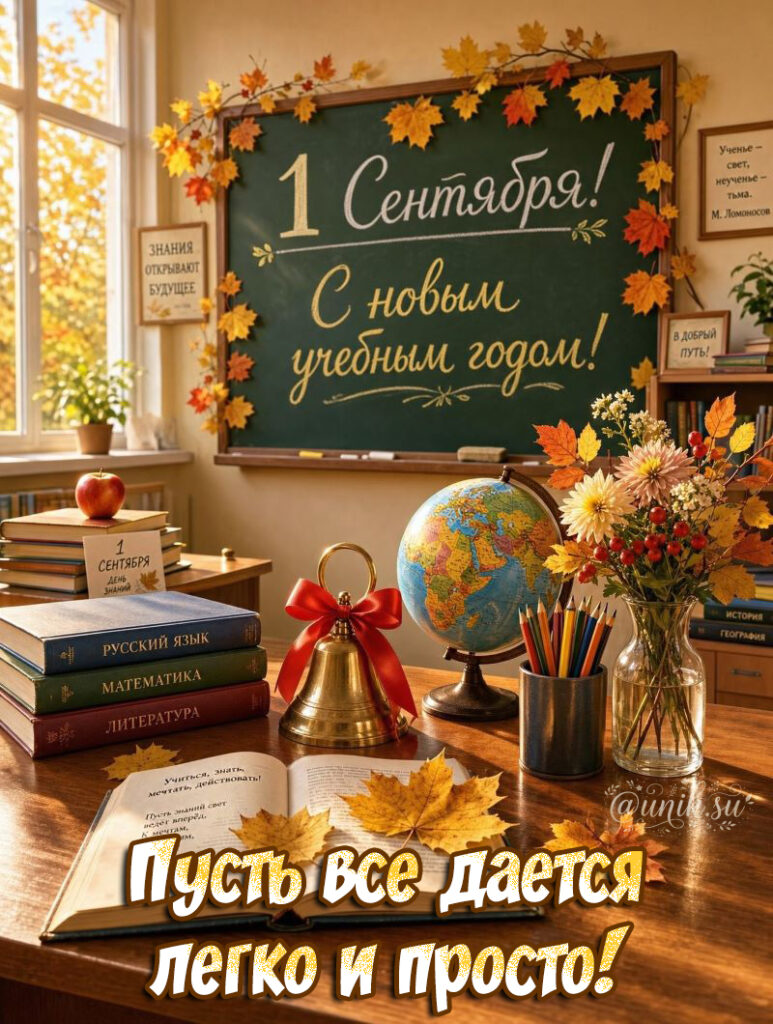 Открытка 1 сентября: школьный класс с доской, партой, учебниками и глобусом