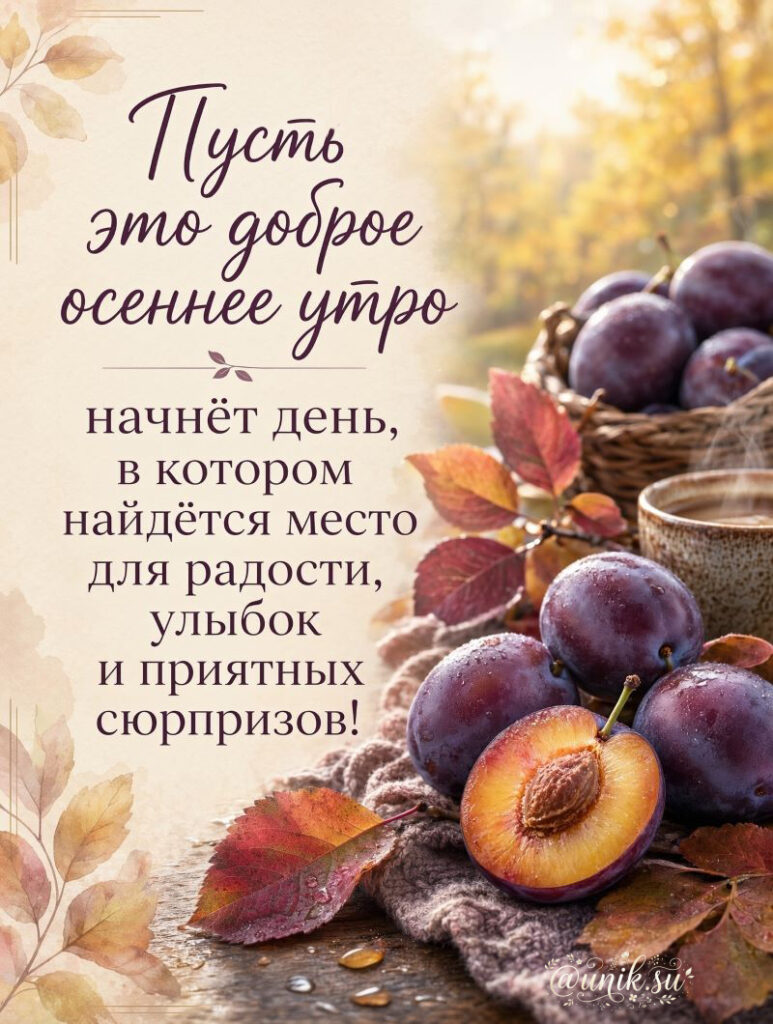 Осенняя открытка: спелые синие сливы в плетеной корзине с текстом про доброе утро.