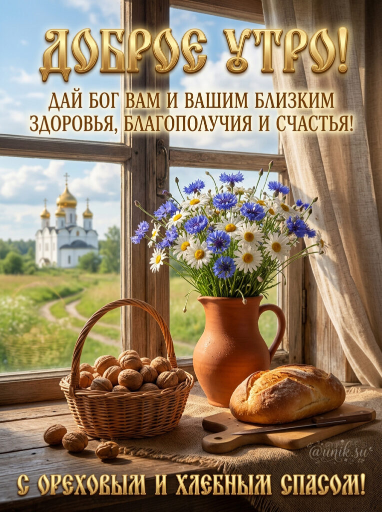 Доброе утро с Ореховым Спасом: окно, храм, корзина орехов, хлеб и полевые цветы.