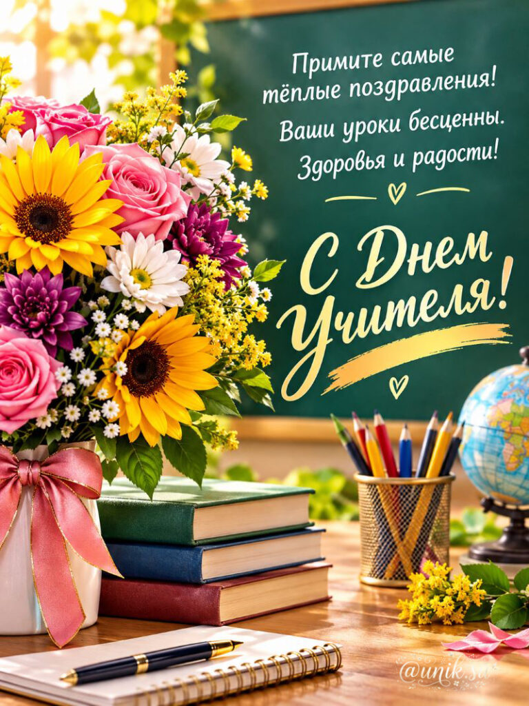 Открытка с Днём учителя: букет цветов, глобус и школьная доска