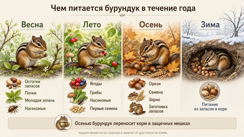 Рацион бурундука по сезонам: весна, лето, осень, зима