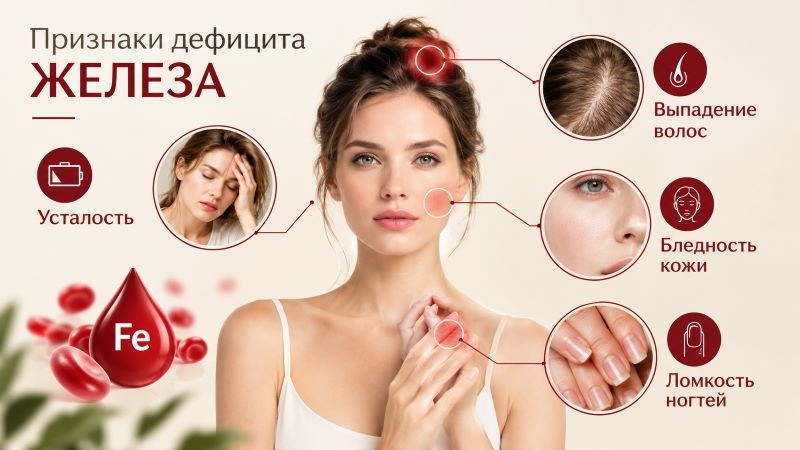 Признаки дефицита железа: усталость, выпадение волос, бледность