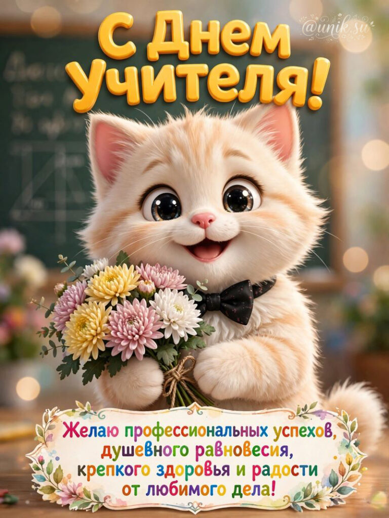Котёнок с букетом цветов на открытке с Днём учителя