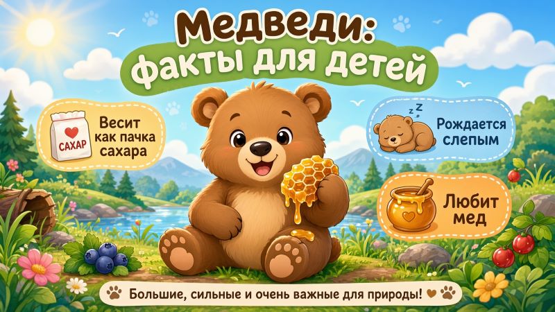 Милый бурый медведь с медом и факты о медведях для детей