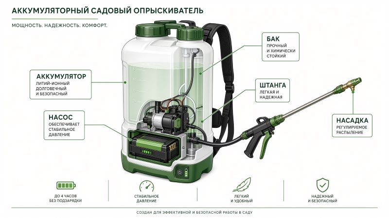 Устройство аккумуляторного садового опрыскивателя в разрезе