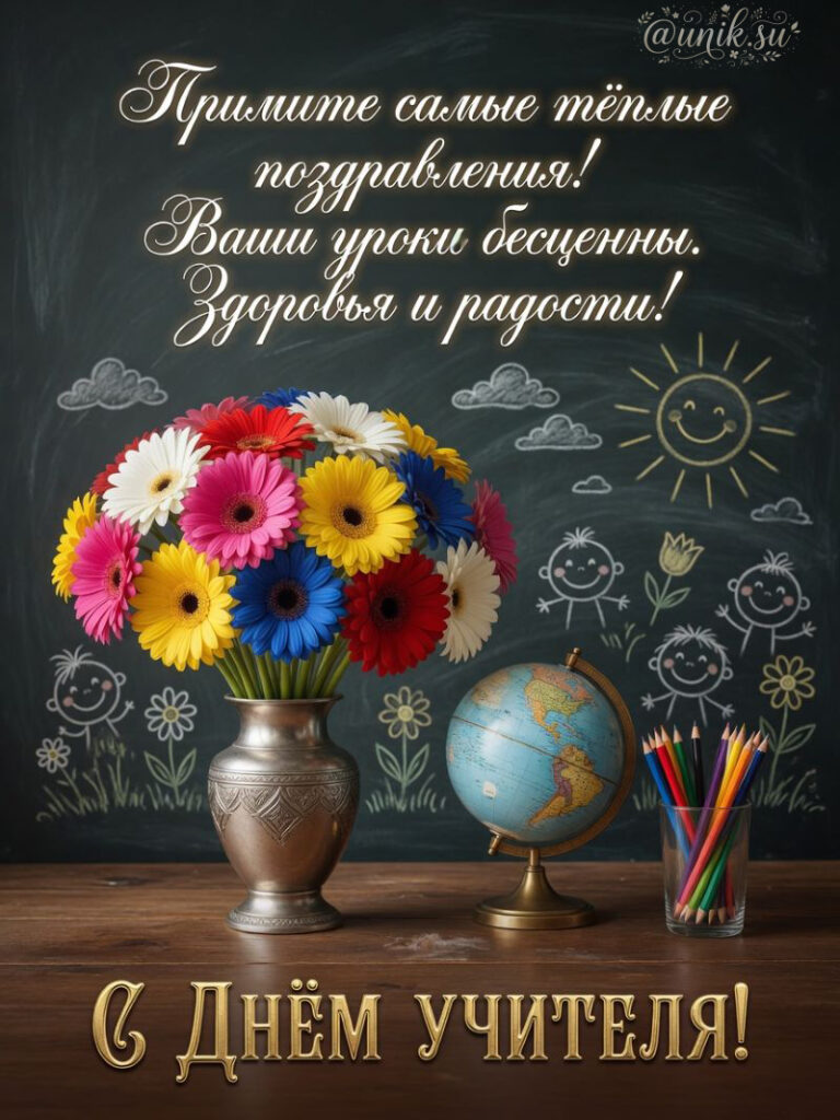 Открытка с Днём учителя: букет гербер, глобус и рисунки на доске