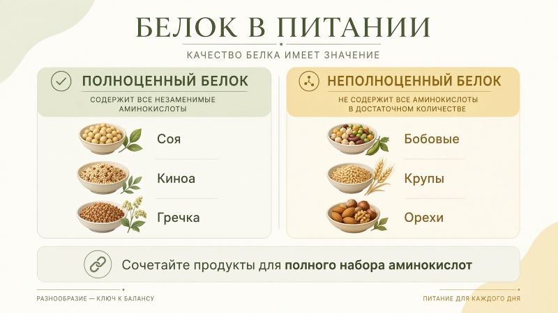Полноценный и неполноценный растительный белок: соя, киноа, гречка, бобовые