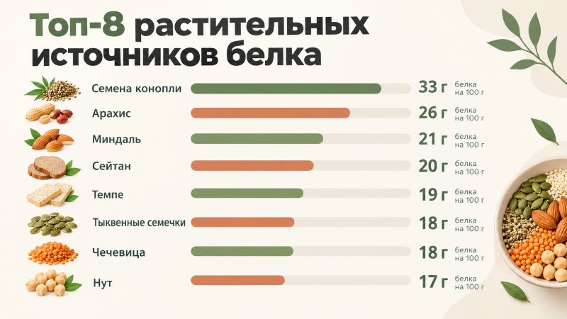 Топ-8 растительных источников белка: семена конопли, арахис, миндаль, сейтан