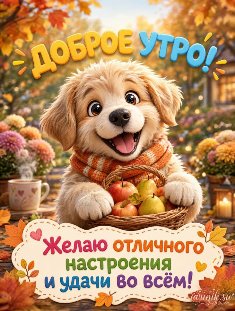 Открытка доброе утро октябрь: щенок с корзиной яблок и чай