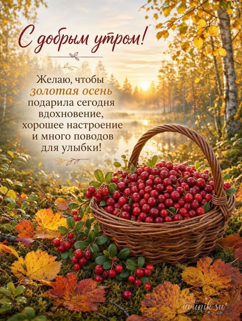 С добрым утром! Корзина клюквы в осеннем лесу на рассвете
