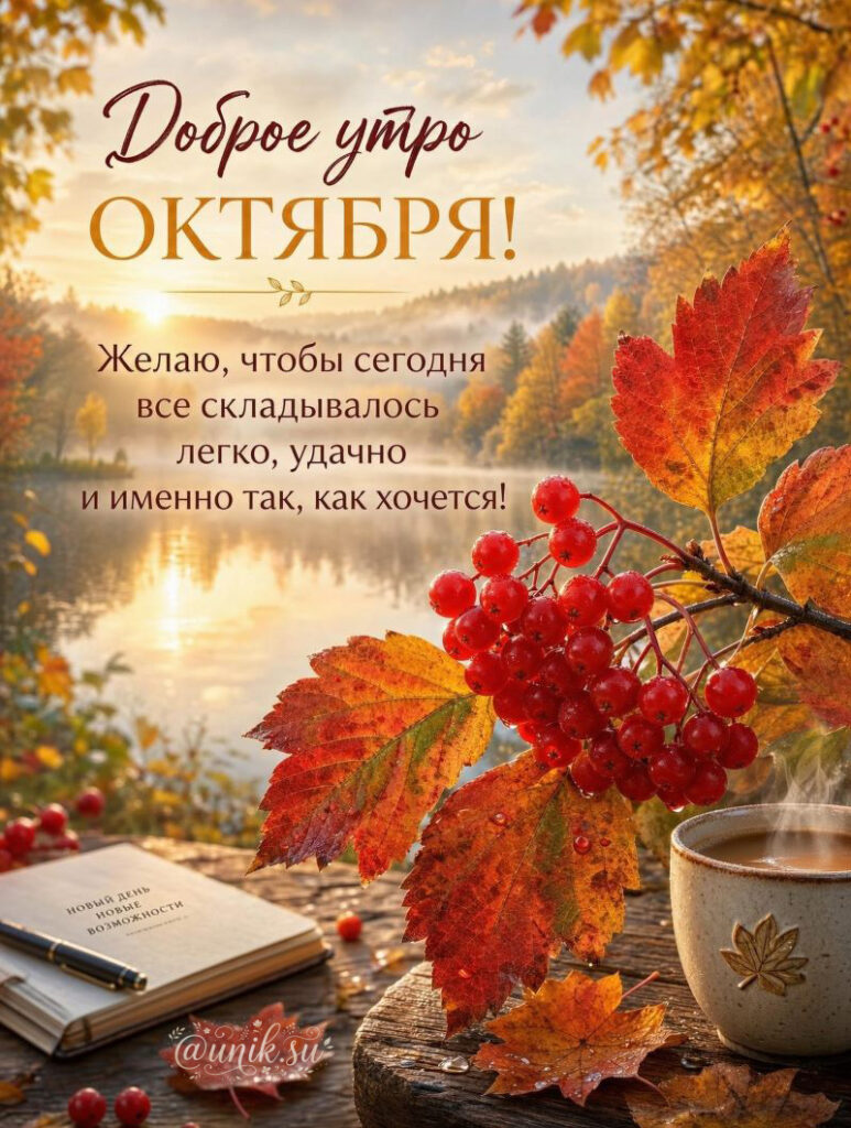 Доброе утро октября: кофе, блокнот и гроздь калины