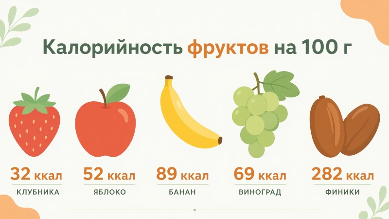 Калорийность фруктов на 100 г: клубника, яблоко, банан, виноград и финики