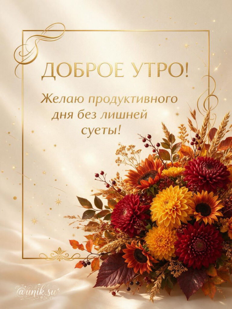 Красивая открытка с добрым утром, осенний букет и пожелания.