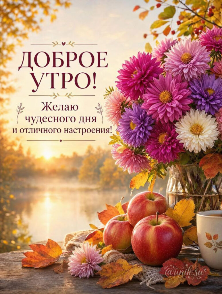 Открытки с добрым утром: яркий букет хризантем, спелые яблоки и чашка чая
