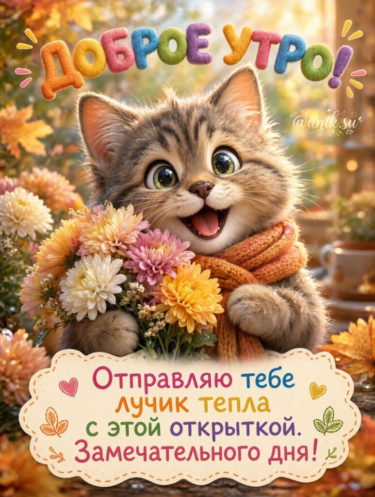Котенок с букетом хризантем. Открытка доброе утро октябрь