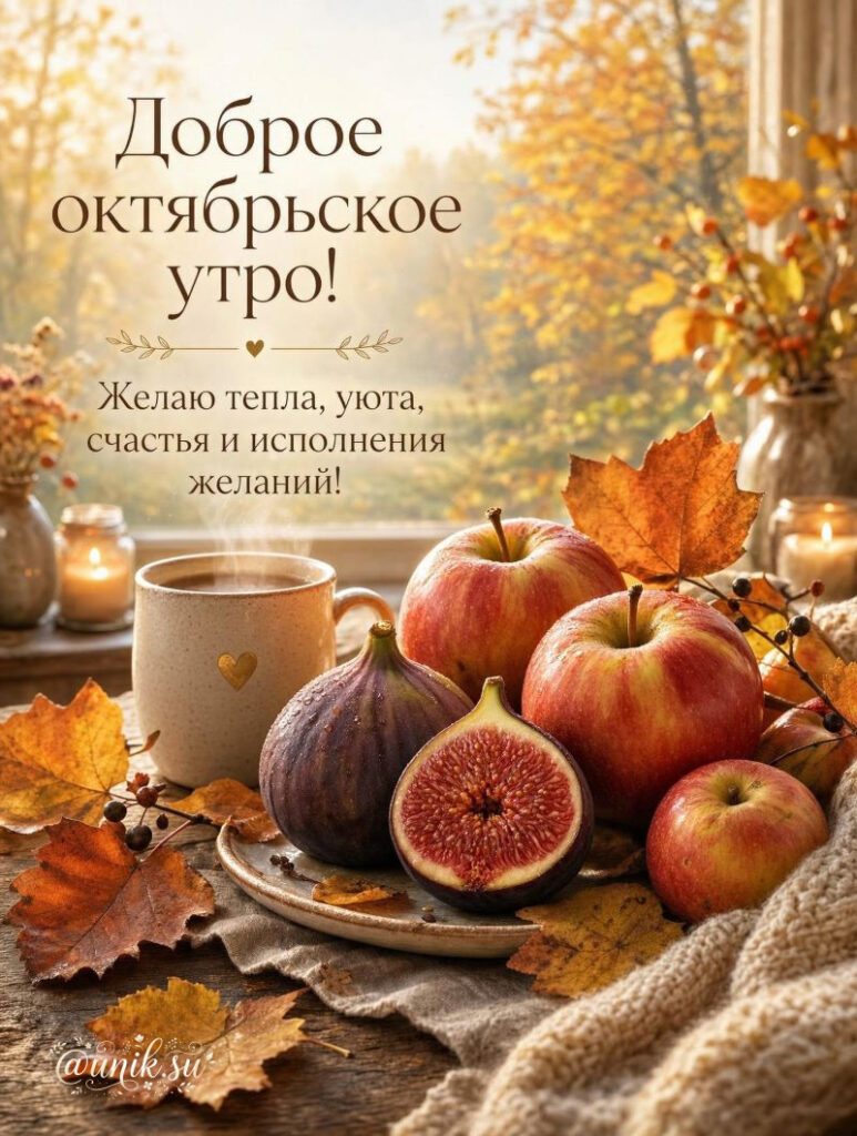 Чашка кофе, яблоки и инжир на осеннем столе у окна