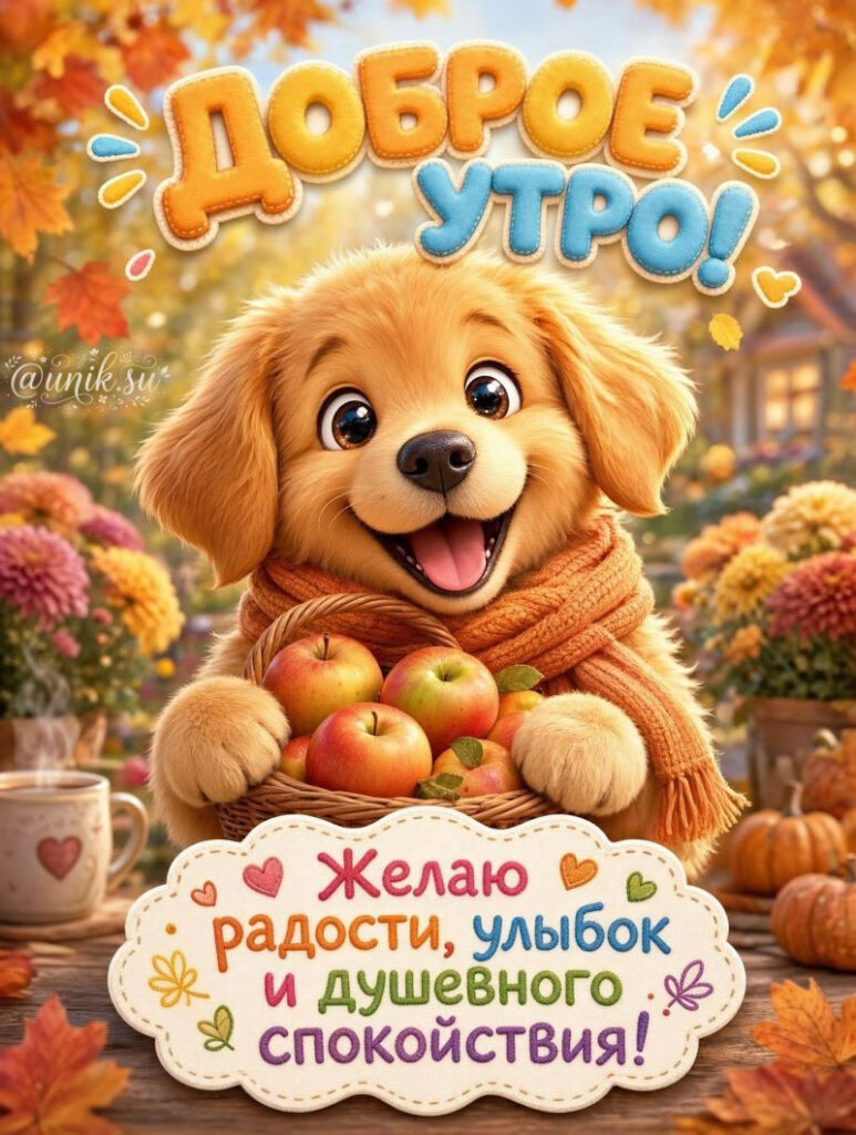 Щенок с корзиной яблок. Открытка доброе утро октябрь