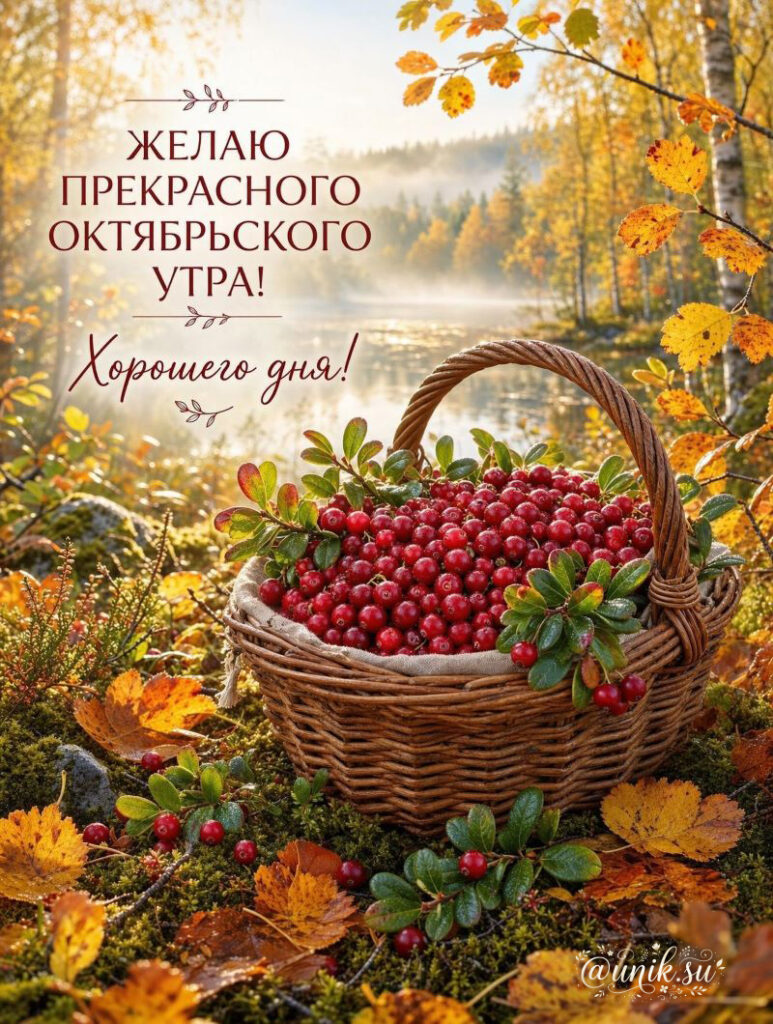 Корзина брусники в осеннем лесу. Открытка с добрым утром