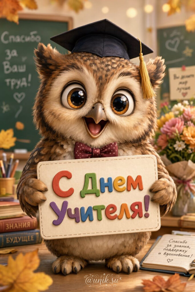 Поздравление с Днем Учителя Открытки с совенком
