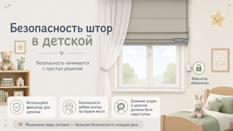 Безопасные римские шторы с тюлем в детской с фиксатором для цепочки