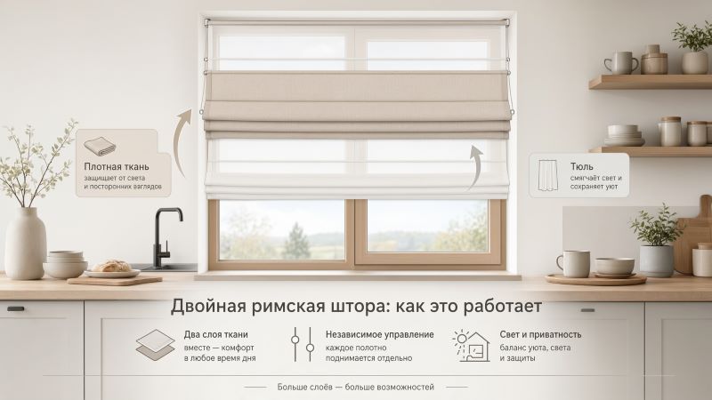 Схема работы двойных римских штор с тюлем: плотная ткань и тюль
