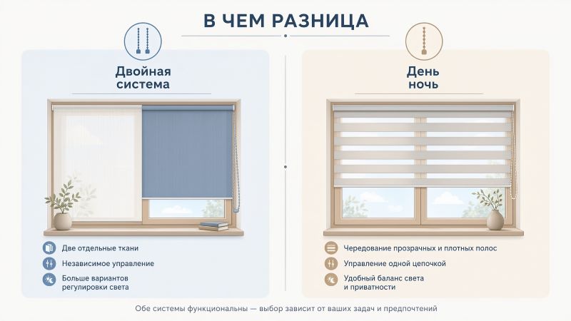 Сравнение видов римских штор: двойная система и день-ночь