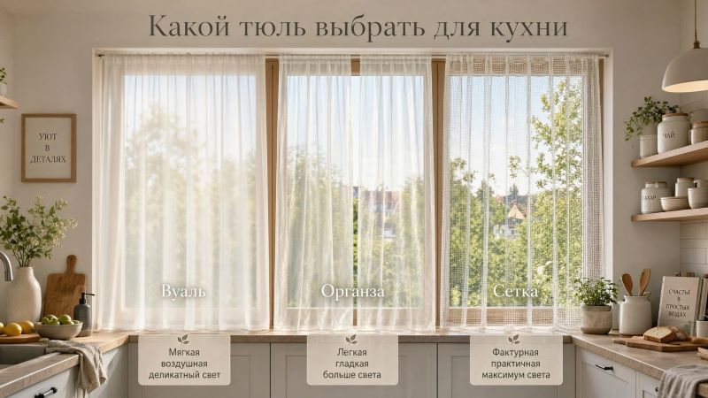 Виды тюля для кухни: вуаль, органза и сетка с описанием