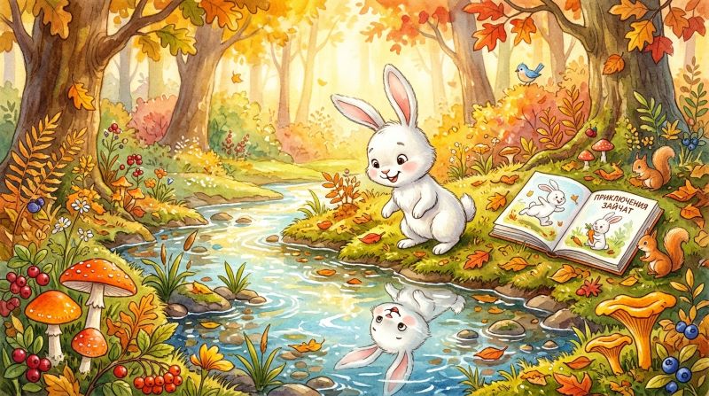 Зайчик у ручья с книгой сказок в осеннем лесу