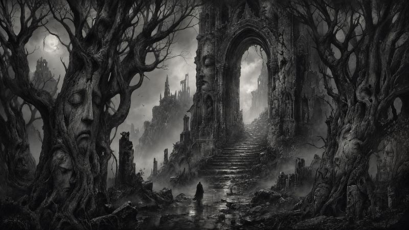 Мрачный пейзаж: лица в деревьях и арка. Тест на характер