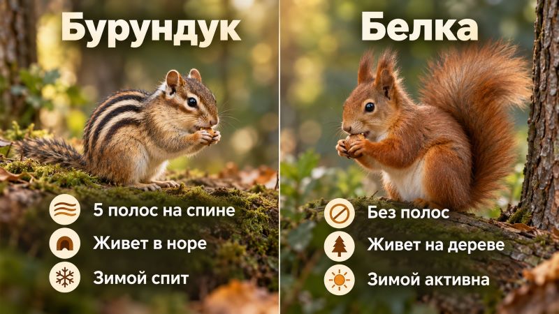 Сравнение бурундука и белки: полоски, норы и спячка