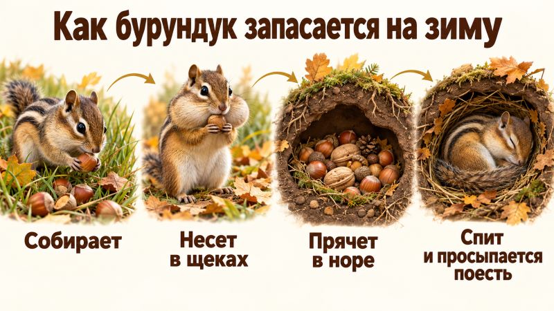 Как бурундук запасается на зиму: от сбора до спячки