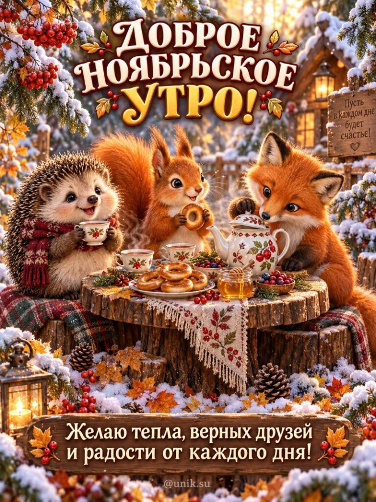 Открытка доброе ноябрьское утро: лесные звери пьют чай в снежном лесу