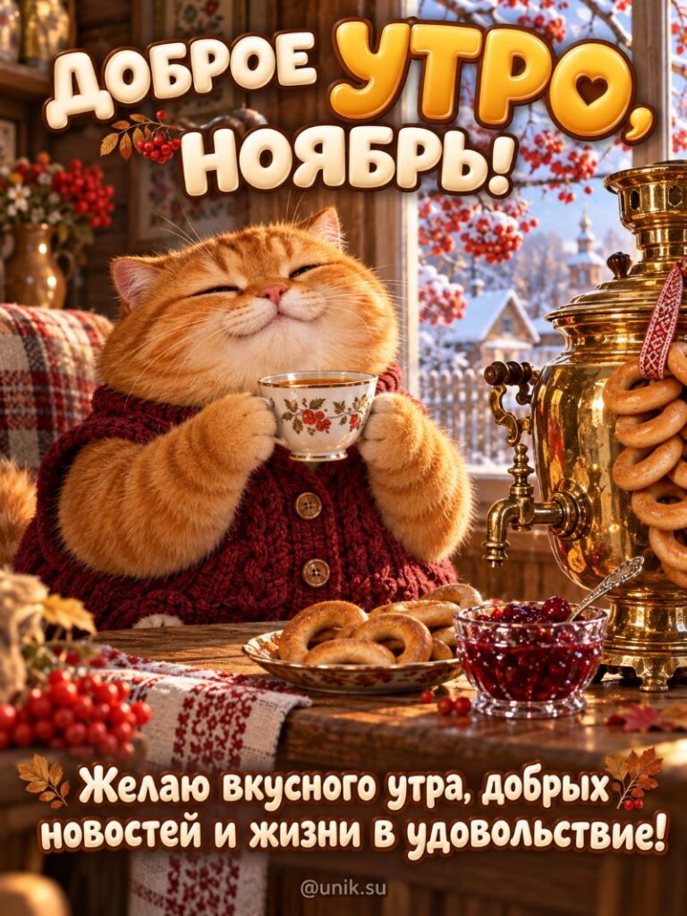 Открытка доброе утро ноябрь: рыжий кот пьет чай из самовара