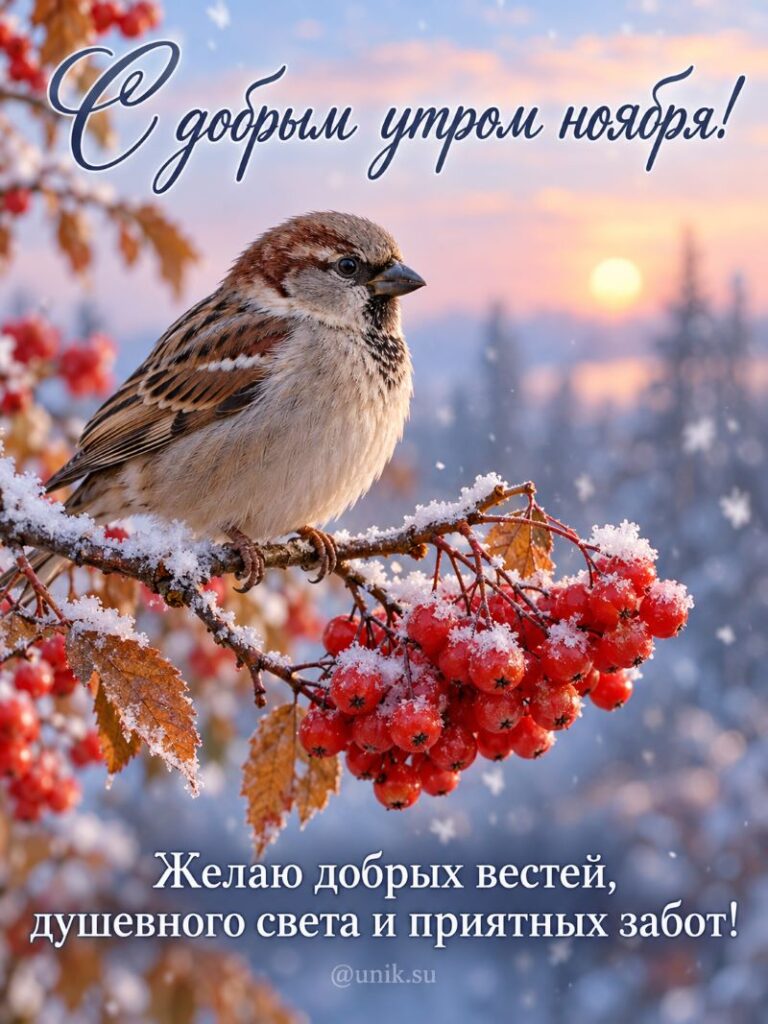 Открытка с добрым утром ноября: воробей на ветке рябины в снегу
