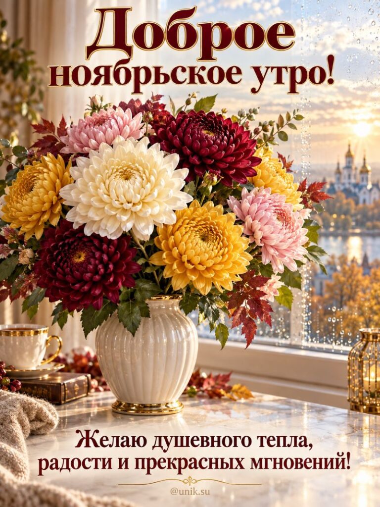 Открытка доброе ноябрьское утро: букет хризантем на подоконнике