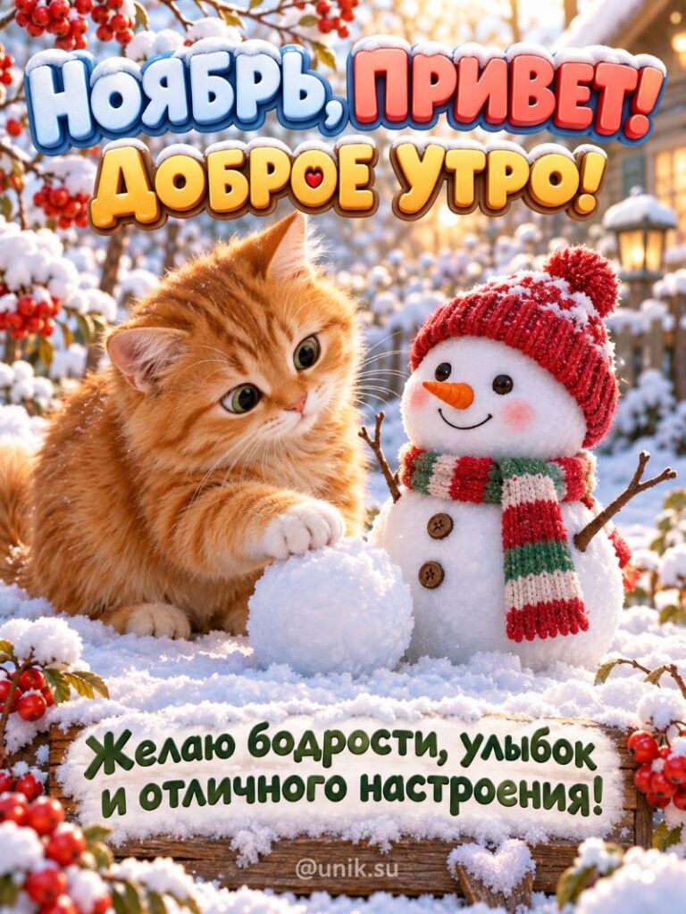 Открытка ноябрь привет: рыжий котенок лепит снеговика в снегу