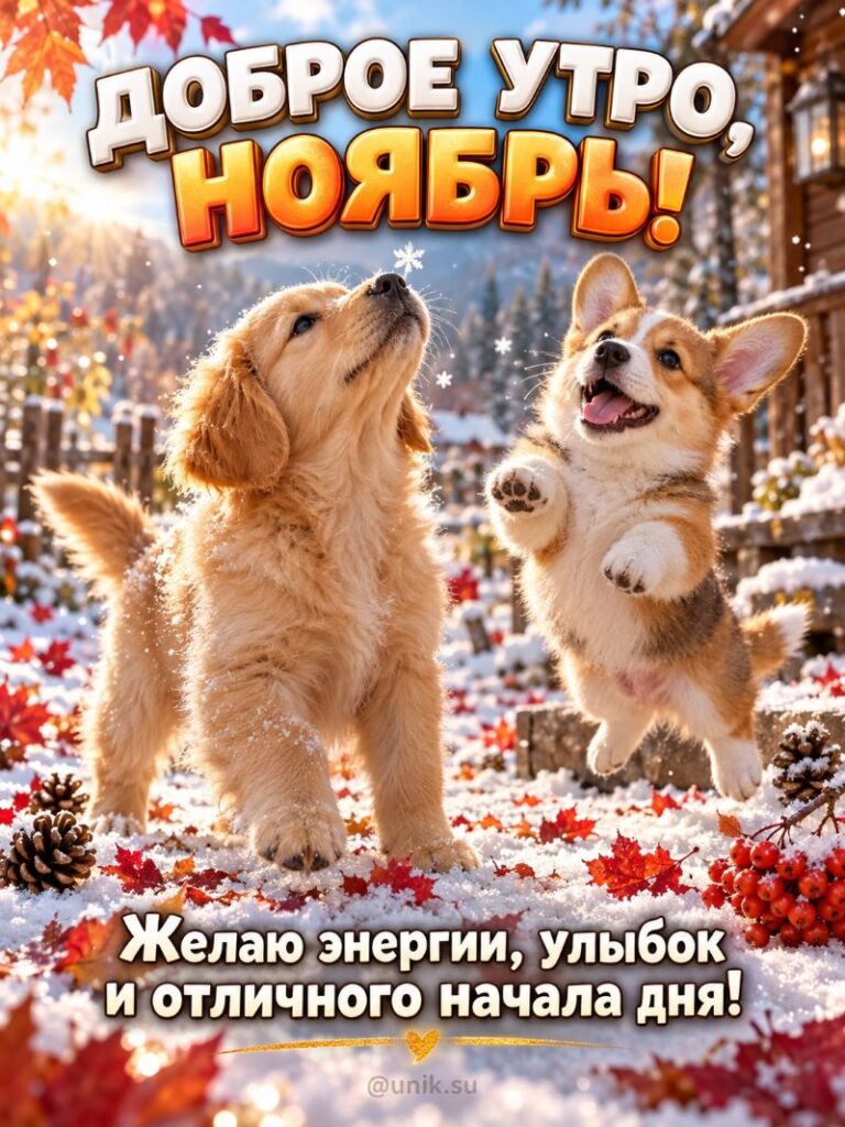 Открытка доброе утро ноябрь: два щенка играют в первом снегу