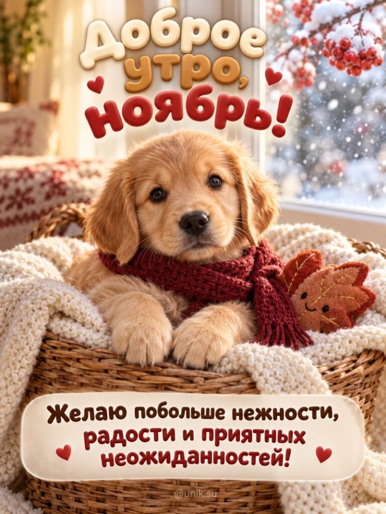 Открытка доброе утро ноябрь: щенок в шарфе в корзине с пледом