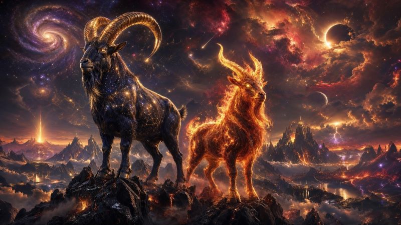 Козерог 2027: две мистические козы на фоне космоса и гор