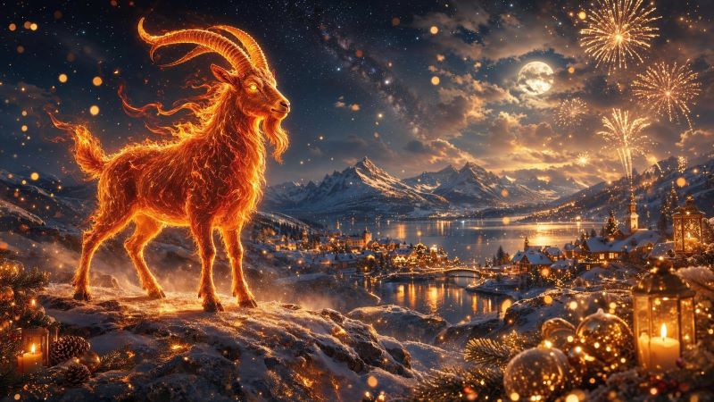 Новый год 2027: огненный козел на фоне зимнего пейзажа и салюта