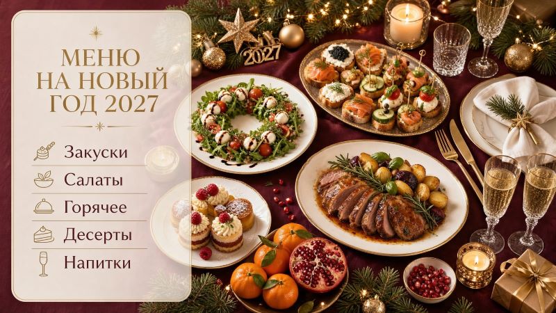 Меню на Новый год 2027: праздничные блюда и закуски на столе