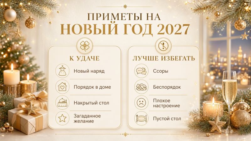 Приметы на Новый год 2027: что приносит удачу и чего избегать