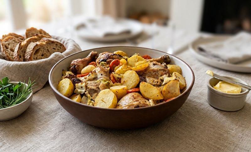 Запечённые куриные окорочка с картофелем и овощами в духовке
