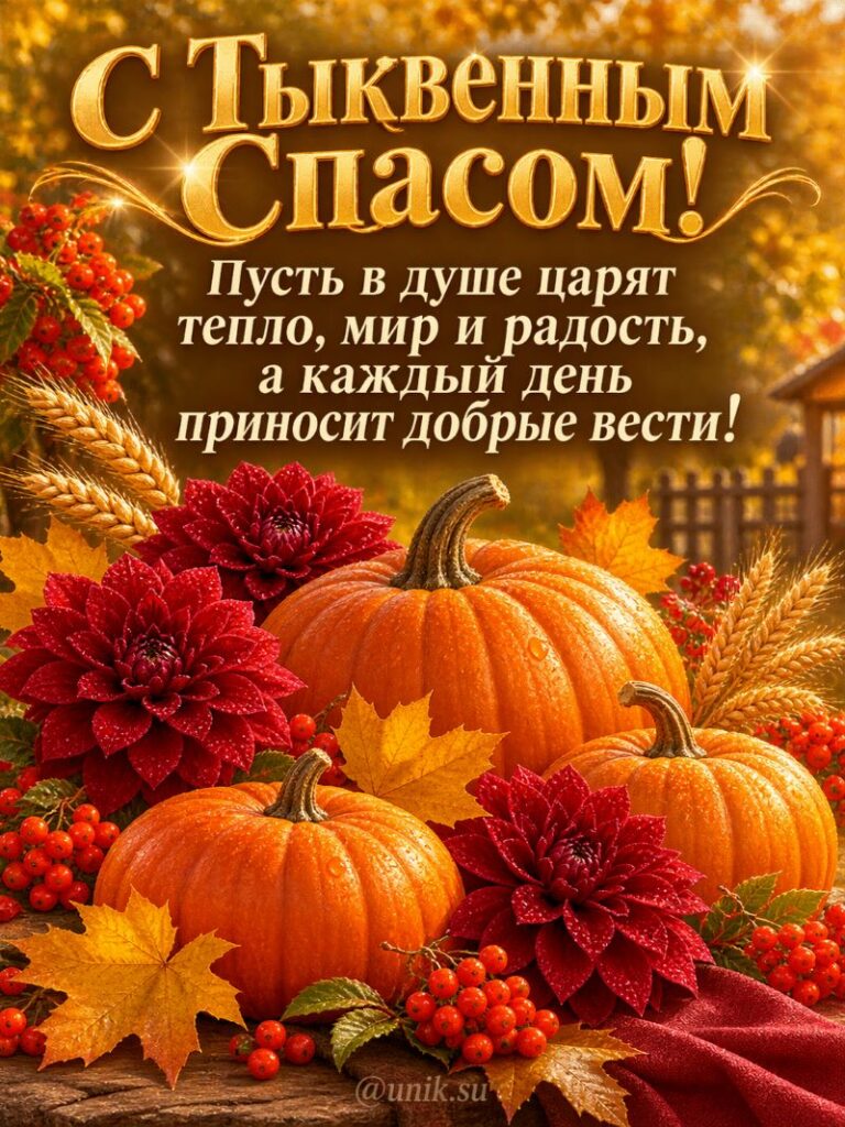 Открытка с Тыквенным Спасом: тыквы, цветы и пожелания