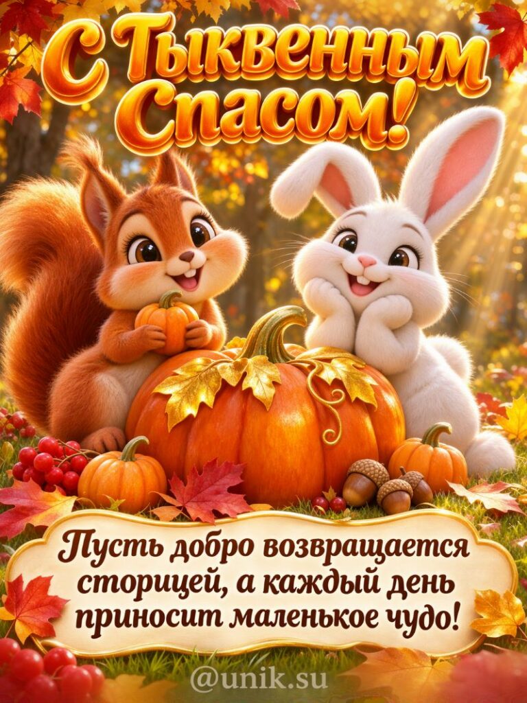 Тыквенный Спас: открытка с белкой, зайцем и тыквой