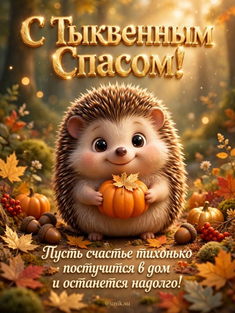 Тыквенный Спас: открытка с милым ежиком и тыквой