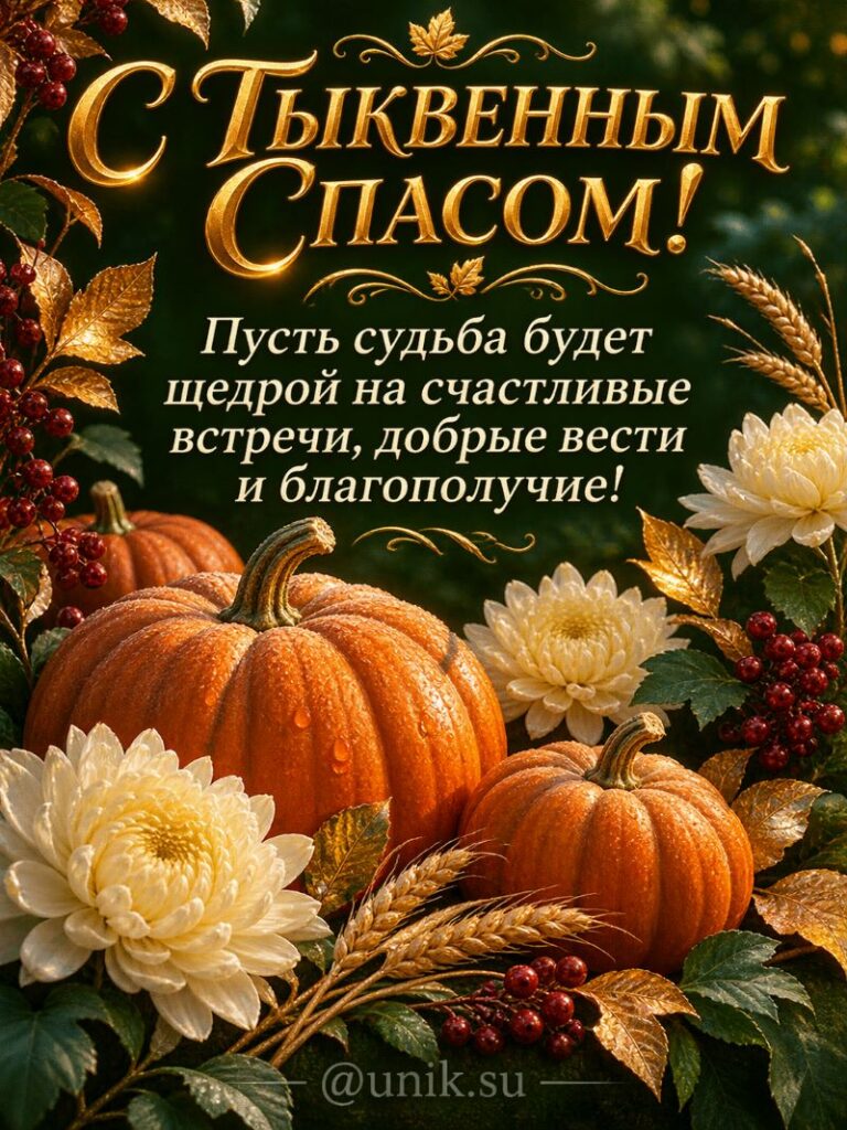 Открытка с Тыквенным Спасом: тыквы, цветы и пожелания