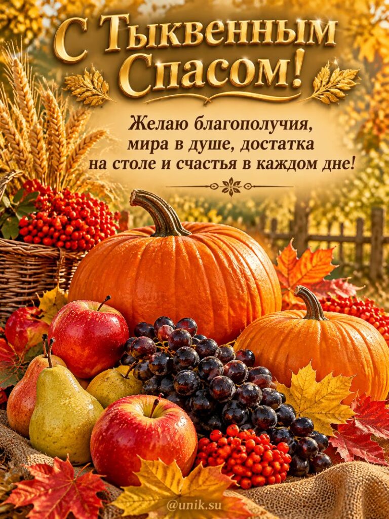 Тыквенный Спас: открытка с урожаем, фруктами и ягодами