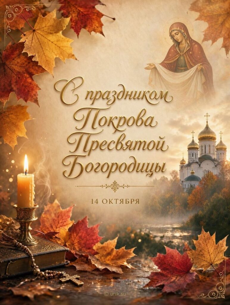 Открытка с Покровом Пресвятой Богородицы: золотые купола, свеча и осенние листья
