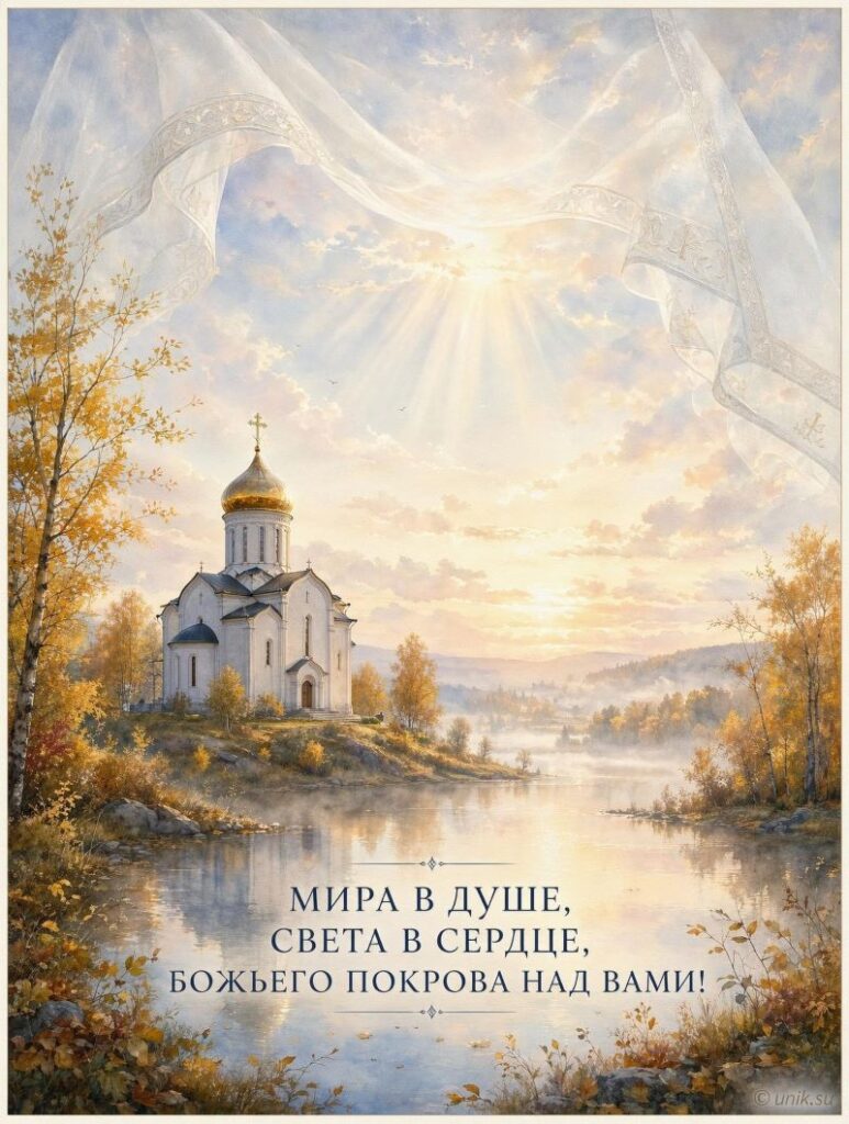 Осенний пейзаж с храмом у реки и покровом в небе, открытка
